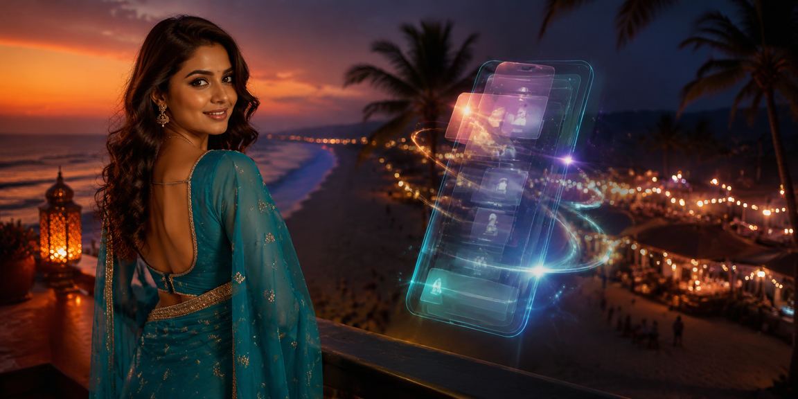 Elegant woman enjoying VIP casino app at a beach resort in Goa