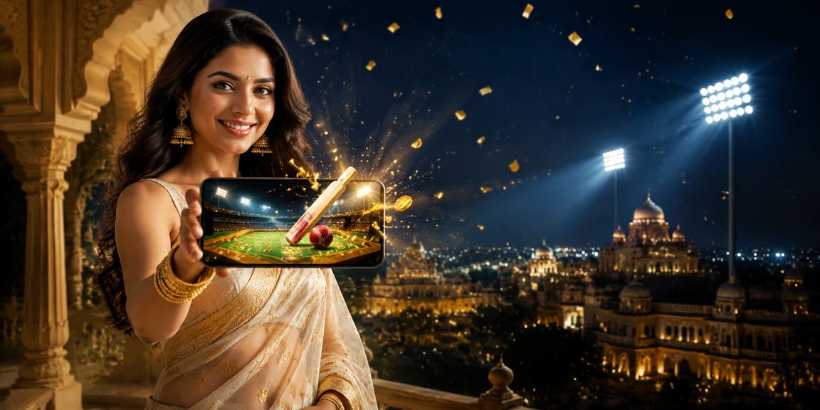 Indian woman enjoying cricket betting on mobile device